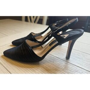 Anne Klein Elegant Black Satin Leather Sole Slingbacks 3" Pumps Shoes 8.5M Italy